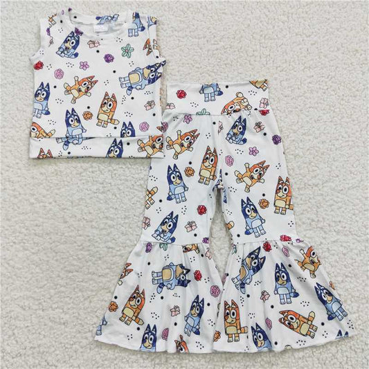 GSPO0729 Cartoon dog bluey bluey flower white sleeveless vest top trousers set
