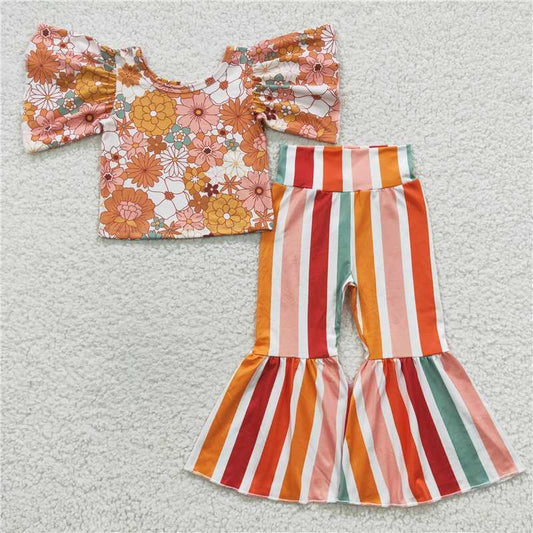 GSPO0724 Flower lace sleeve top and orange color striped trousers set
