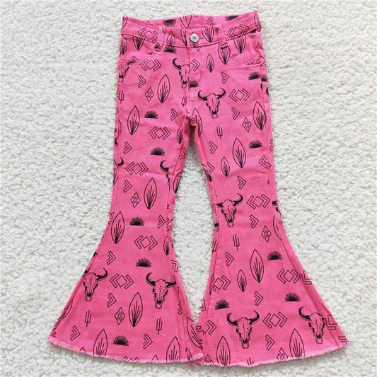 USA Shop (in stock) P0159 Baby Girls Western Pink Cow Denim Bell Pants