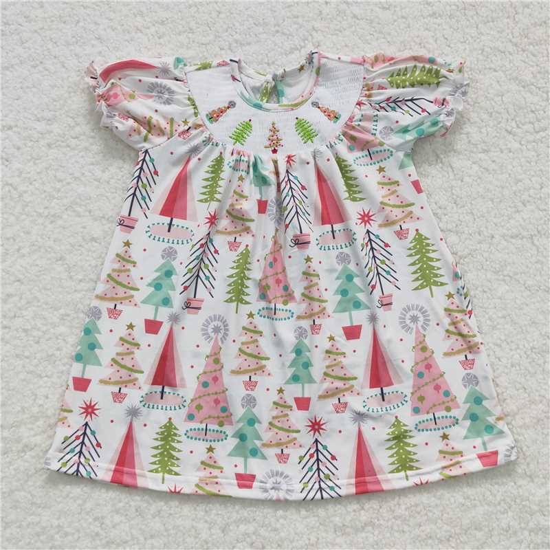 GSD0440  Christmas tree smocked short sleeves smocked kids girls dresses