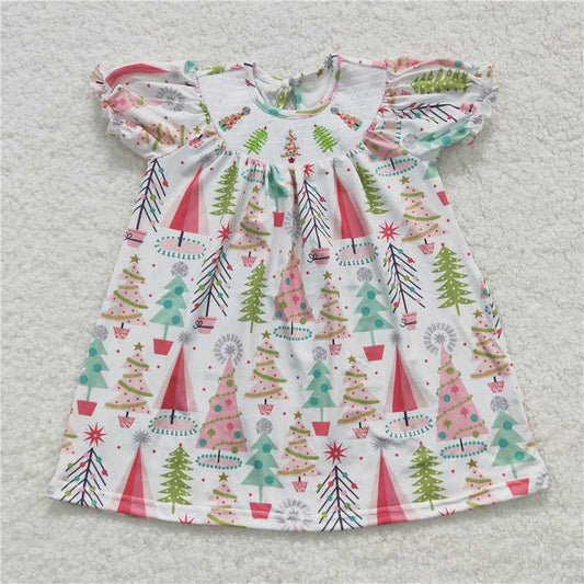 GSD0440  Christmas tree smocked short sleeves smocked kids girls dresses