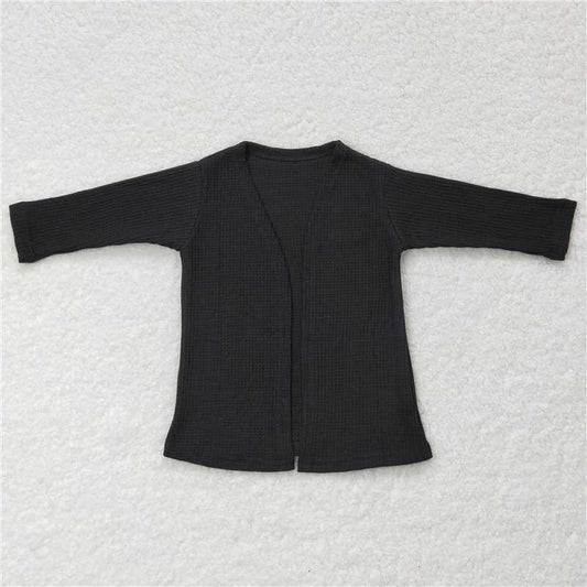 GT0243  Black waffle long sleeves kids girls fall cardigan