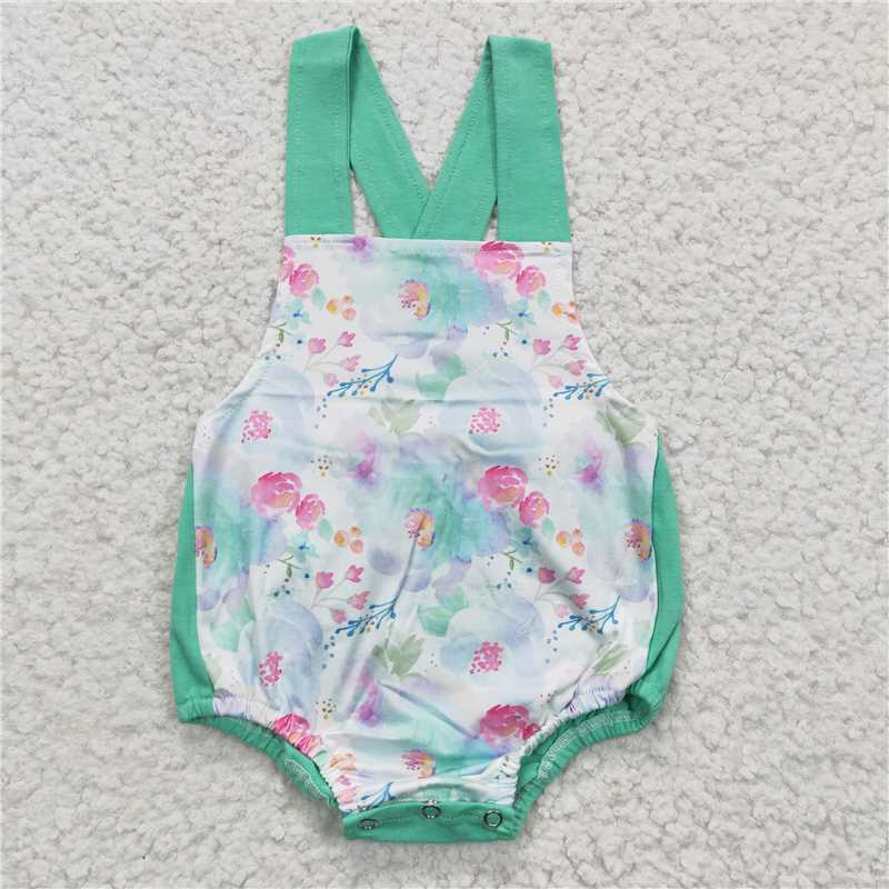 D5-1  Baby Girls Green Floral Strap Rompers