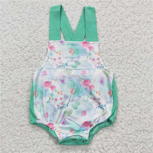 D5-1  Baby Girls Green Floral Strap Rompers