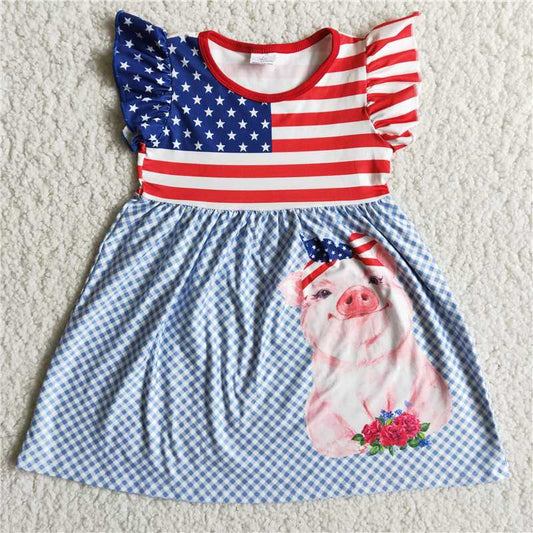 A6-13 Girl Pig Stars Striped 4th of july Dress
