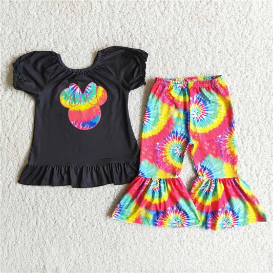 A3-10 Mickey bow black top tie-dyed bell bottom pants