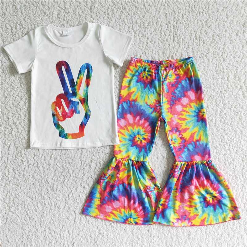 Aa-2 Gesture white top, tie-dyed bell bottoms