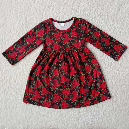 9.19 RTS NO MOQ（In stock）G2-16-3/. Baby Girls Winter Dress Red rose long-sleeved dress with black bottom