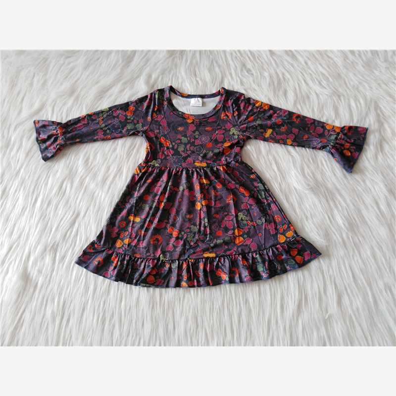 9.24 RTS NO MOQ（In stock）G1-3. Baby Girls Winter Dress Dark Mixed Floral Leaf Skirt