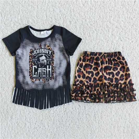 Tassels black T-shirt loepard Shorts sets