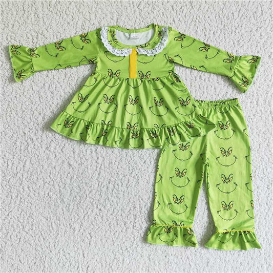 6 A20-15 Girls grinch smiley green long-sleeved pajama set