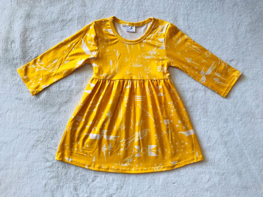 9.19 RTS NO MOQ（In stock）G2-16-/7 Baby Girls Winter Dress White tree strips yellow long-sleeved dress