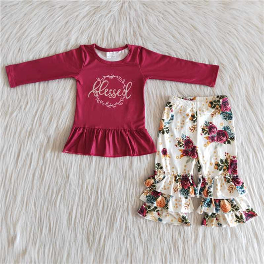 6 A16-28Maroon blessed shirt floral pants girls fall clothing