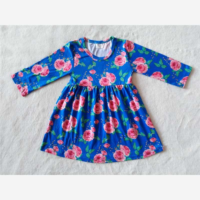9.30 RTS NO MOQ（In stock）G2-16-3; Baby Girls Winter Dress Pink Flower Blue Long Sleeve Dress