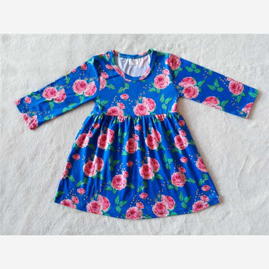 9.30 RTS NO MOQ（In stock）G2-16-3; Baby Girls Winter Dress Pink Flower Blue Long Sleeve Dress