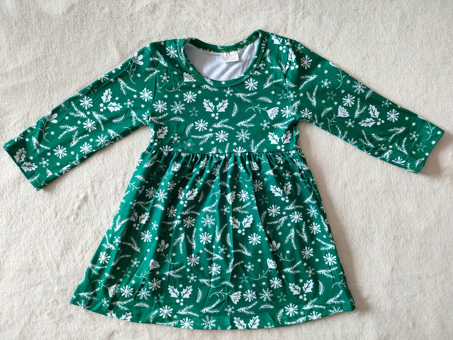 9.30 RTS NO MOQ（In stock）G3-4-4` Baby Girls Winter Dress Snowflake Plant Green Skirt