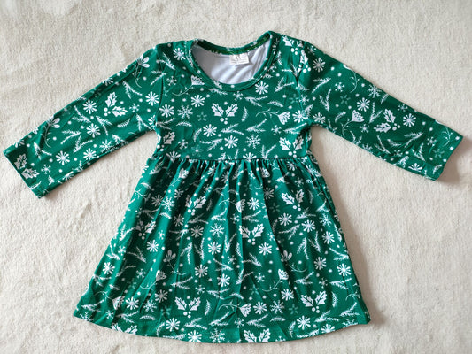 9.30 RTS NO MOQ（In stock）G3-4-4` Baby Girls Winter Dress Snowflake Plant Green Skirt