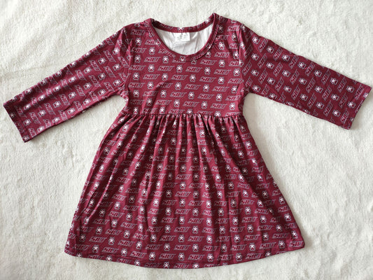 9.19 RTS NO MOQ（In stock）G2-24-3\. Baby Girls Winter Dress Dark red long-sleeved dress with letters