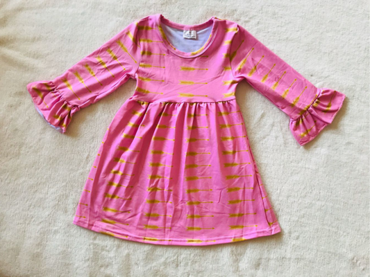 9.23 RTS NO MOQ（In stock）G2-20-4]\ Baby Girls Winter Dress Feather Arrow Pink Lace Long Sleeve Dress