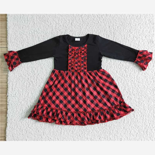 10.11 RTS NO MOQ（In stock）G2-16-9*/.. Baby Girls Winter Dress Black plaid long-sleeved dress