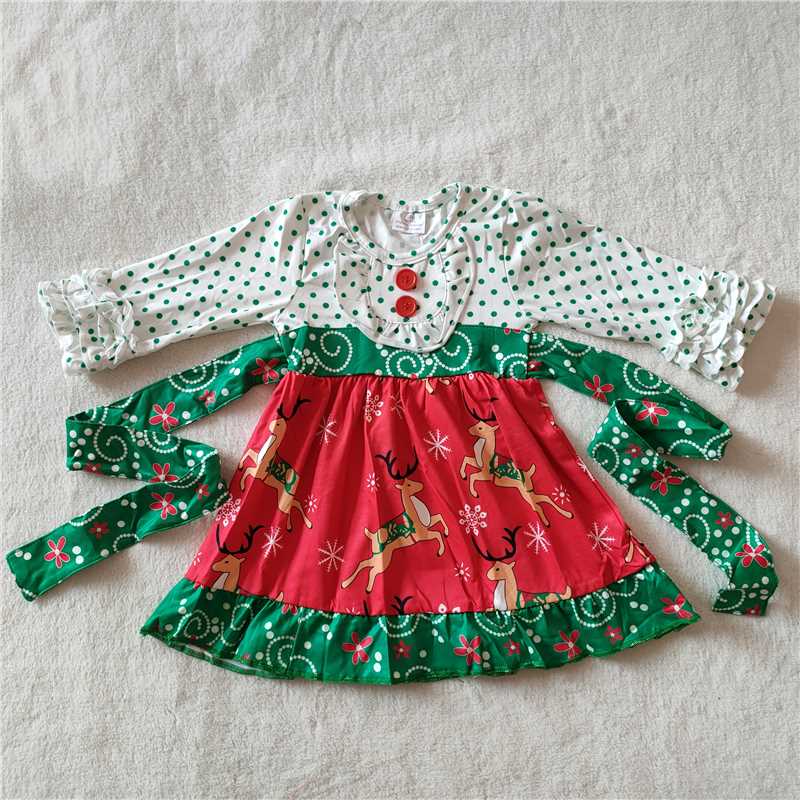 9.24 RTS NO MOQ（In stock）G3-8-5[] Baby Girls Winter Dress Green Polka Dot Red Button Long Sleeve Dress