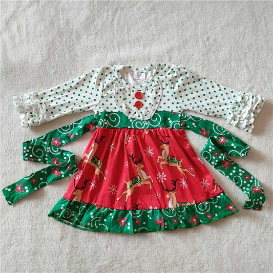 9.24 RTS NO MOQ（In stock）G3-4-3* Baby Girls Winter Dress Green Polka Dot Red Button Long Sleeve Dress