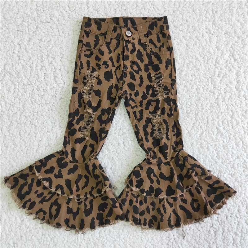 C15-1-1  Leopard double ruffle denim pants Jeans