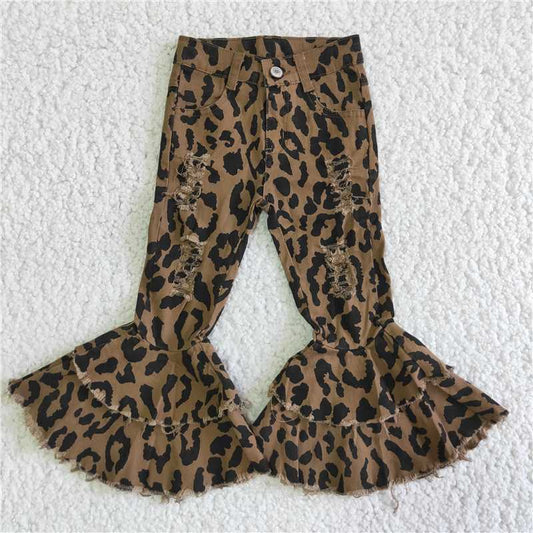 C15-1-1  Leopard double ruffle denim pants Jeans