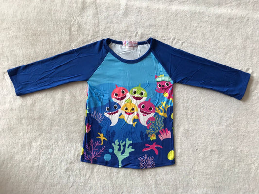 10.13 RTS NO MOQ （In stock）G3-16-2-. Baby Boys Long Sleeve Top Colorful Shark Royal Blue Straight Long Sleeve Top