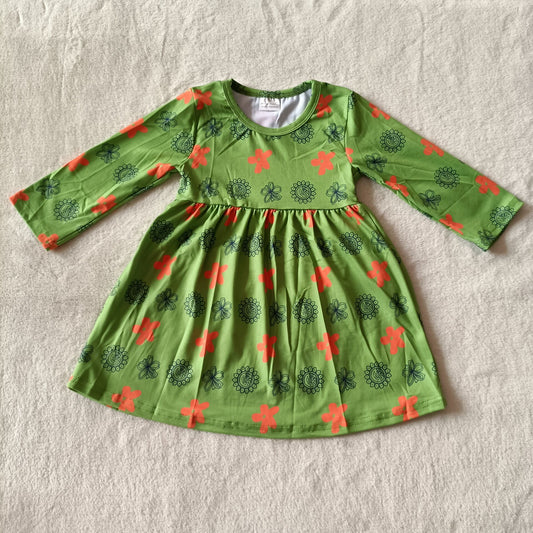 9.18 RTS NO MOQ（In stock）G3-16-6- Baby Girls Winter Dress Orange flower green long-sleeved dress