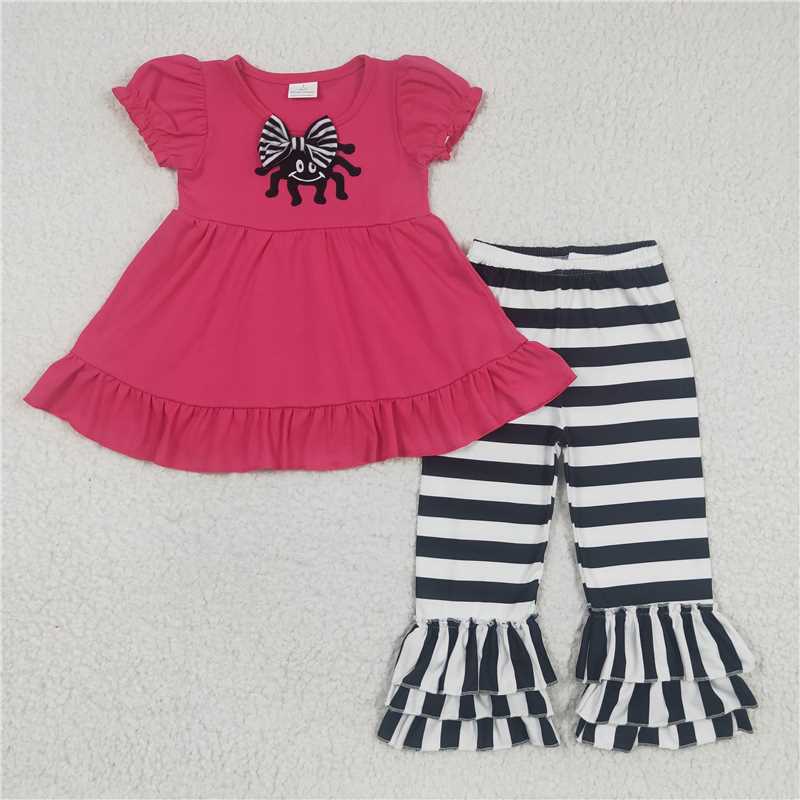 C2-8-1 Bow tie embroidered spider rose red puff sleeve striped trousers suit