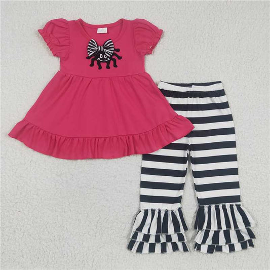 C2-8-1 Bow tie embroidered spider rose red puff sleeve striped trousers suit