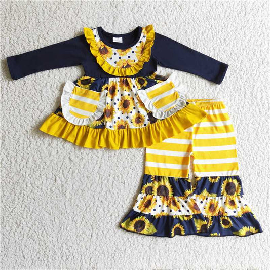 6 A22-28Sunflower print two pocket pants girls fall clothing