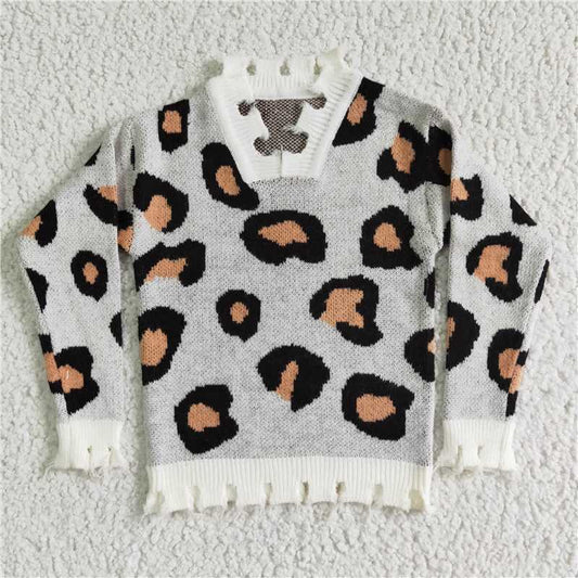 6 B5-3  Baby Girls Fall Leopard V-Neck Sweaters