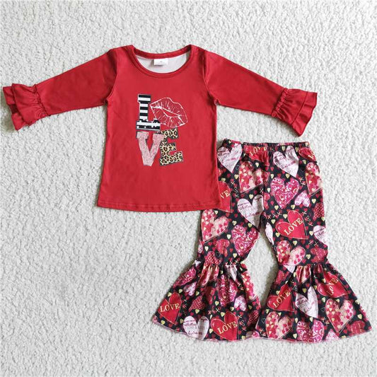 6 A2-14 Love print shirt bell bottom pants girls valentine's clothes