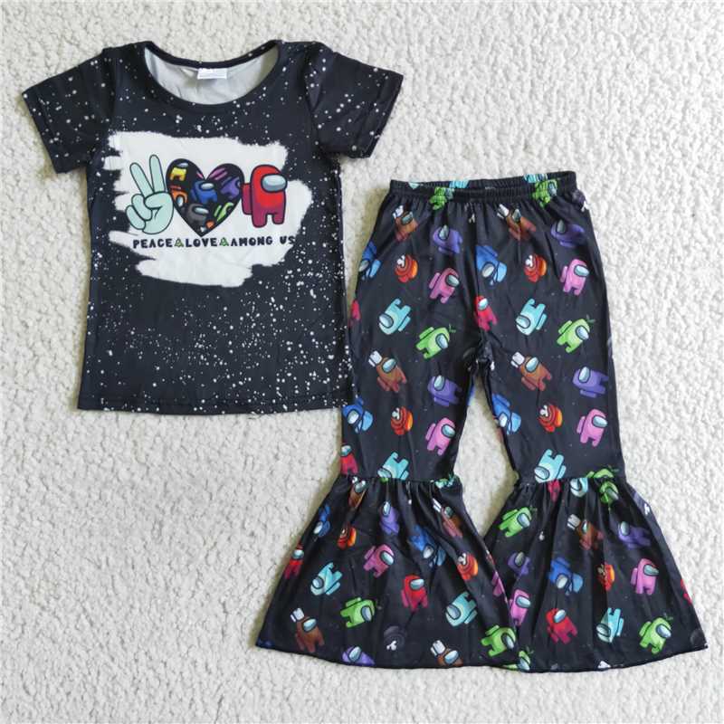 A14-16  Girl black bleached shirt pants game outfits