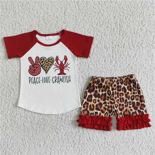 C14-15 Peace love crawfish shirt leopard shorts girls summer clothes