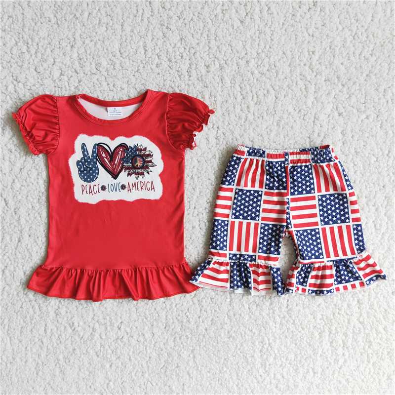 D12-15  Peace love America flag shorts baby girls 4th of july clothes