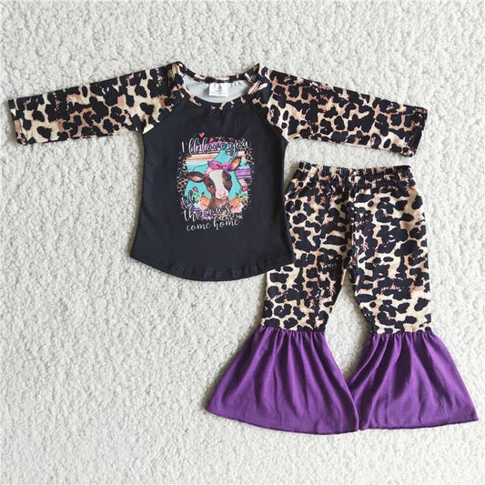 6 A1-14Cow screen print leopard pants kids clothing set