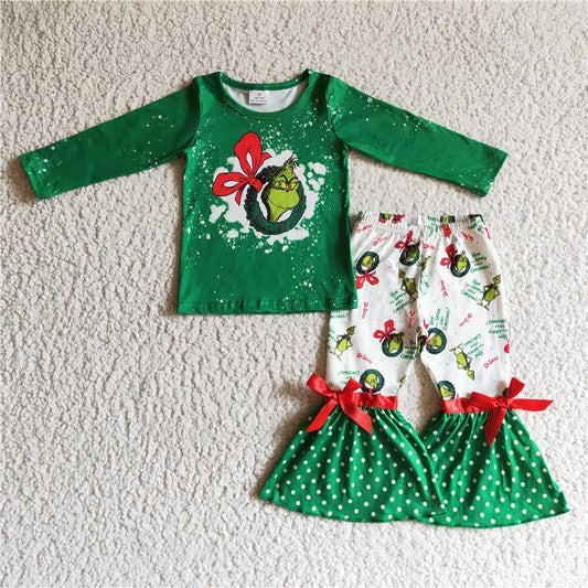 6 C6-20 grinch green long-sleeved top with polka dot flared pants set