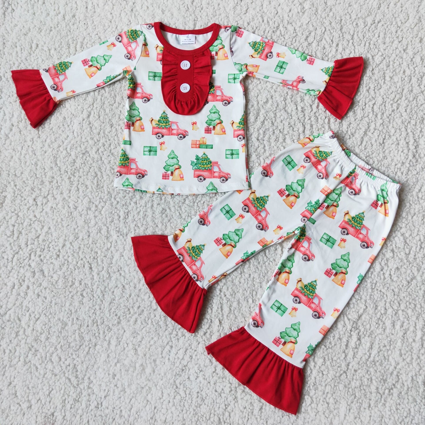 6 B3-38 Girls Christmas Tree Truck Button Lace Cuff Pajama Set