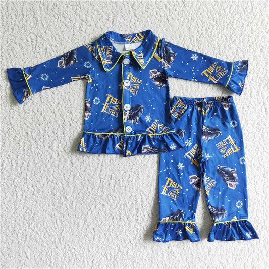 6 C6-37Blue train long sleeve ruffle girl pajamas