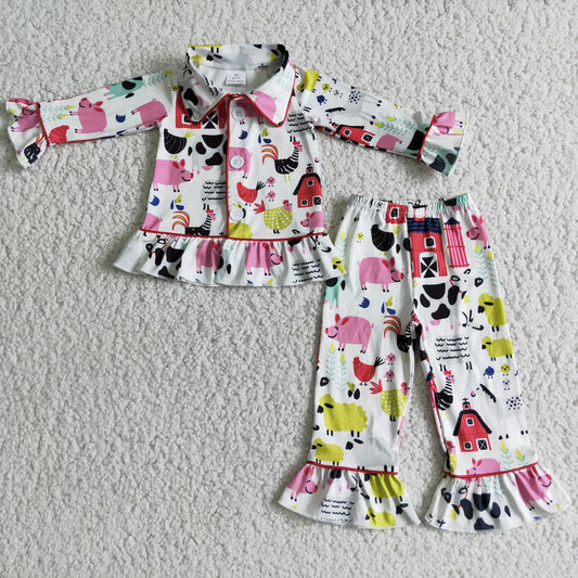 6 C7-40Farm print pajamas chicken pig girls sleepwear