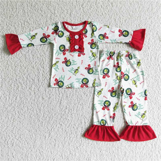 6 A20-3 grinch button red cuffs long sleeve pajama set