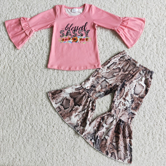 6 C6-19Blessed sassy shirt match snake bell bottom pants set
