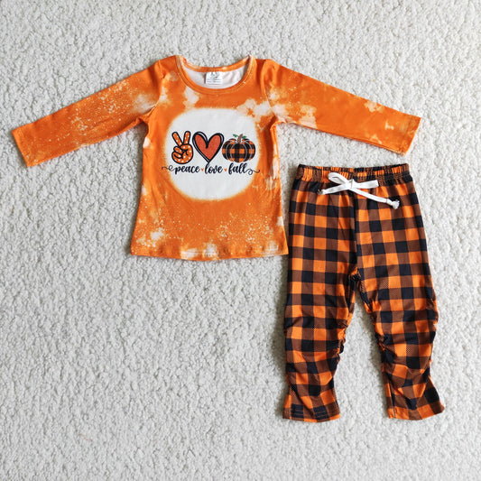 6 A9-27peace love fall pumpkin shirt plaid pants jogger set