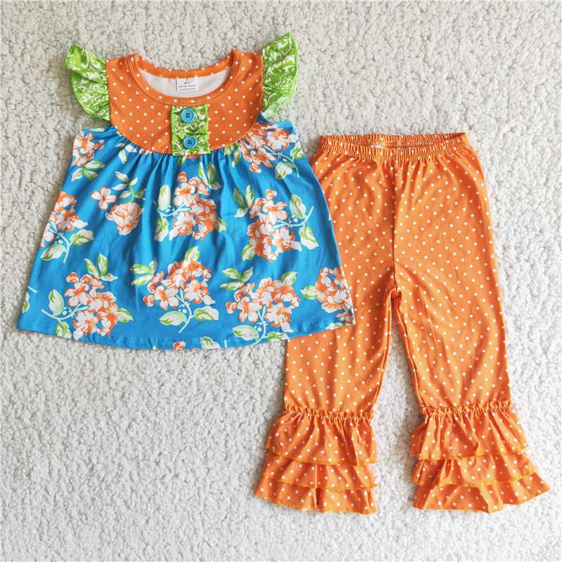 D1-4 Floral fall flutter sleeve tunic ruffle pants sets