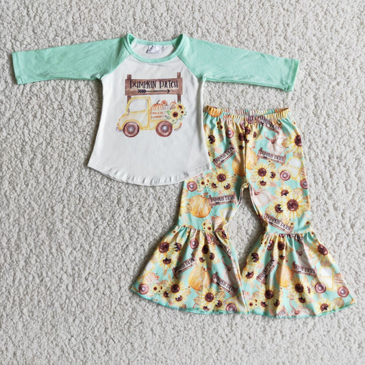 6 C7-37Pumpkin patch sunflower girls clothing set
