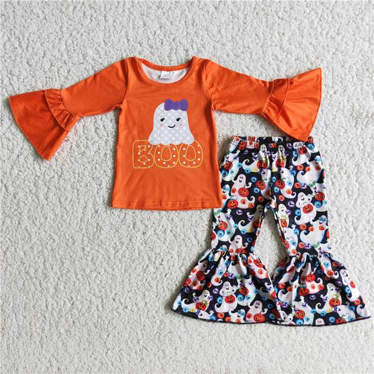 6 A2-26Boo orange shirt ghost pants Halloween clothing set