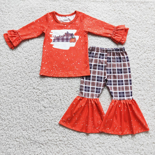 6 C7-18Pumpkin plaid girls bell bottom pants clothing